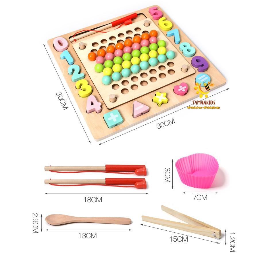 Bộ Giáo Cụ Montessori Đồ Chơi Gỗ Đa Tính Năng Kết Hợp Câu Cá Gắp Hạt Xếp Hình Khối, Lắp Số Kèm Xâu Dây