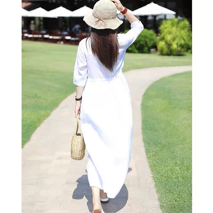 Đầm suông linen bột Premium tay lỡ chun eo ArcticHunter - Trắng