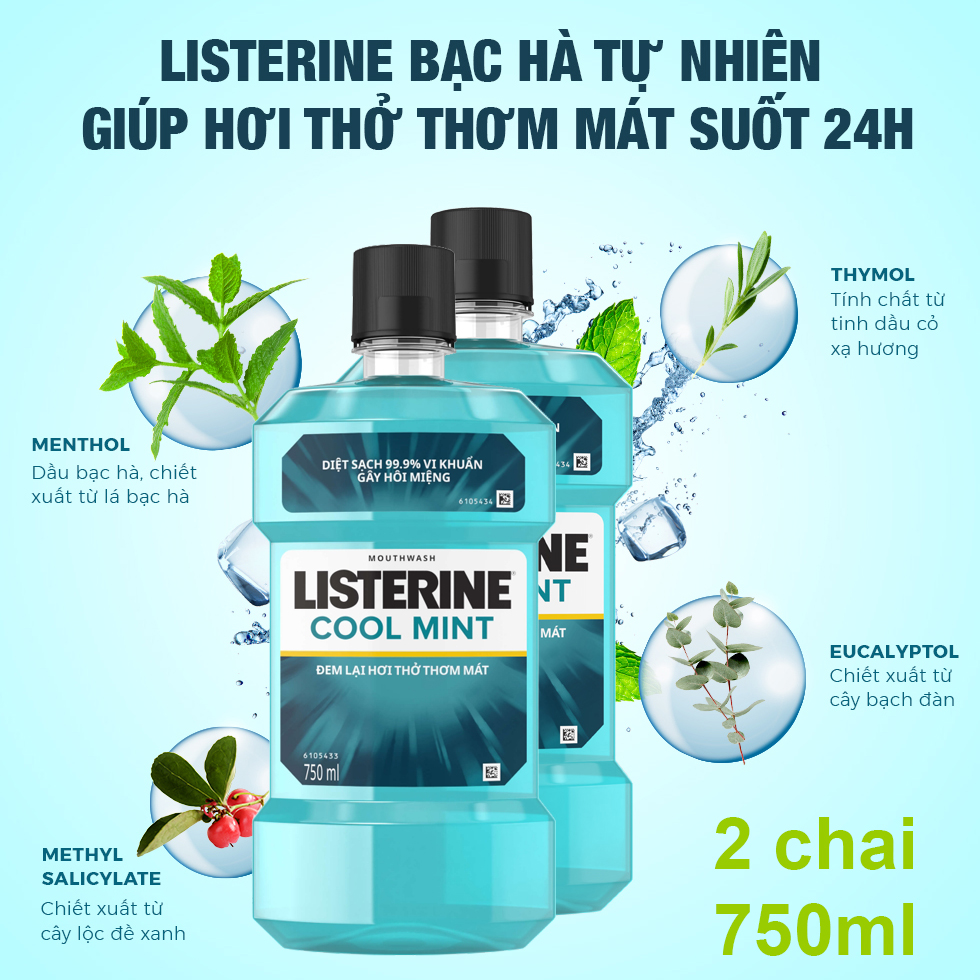 Bộ Đôi Nước Súc Miệng Hương Bạc Hà Listerine Cool Mint (750ml/ Chai) - 8850007800071