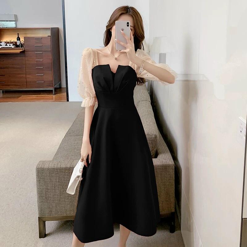 Đầm xoè tiểu thư xếp ly ngực phối tay lưới kim sa
