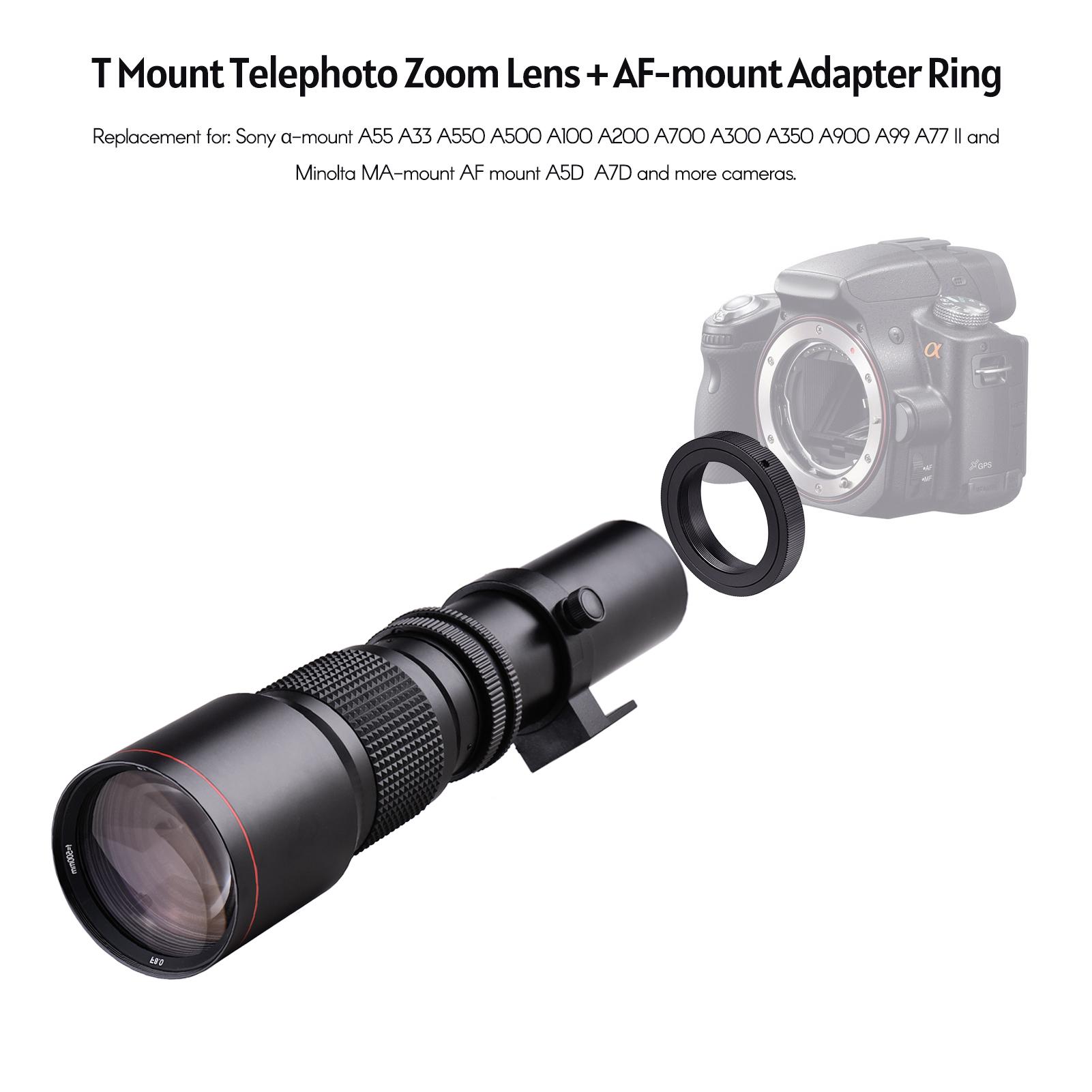 500mm F/8.0-32 Multi Coated Super Telephoto Lens Manual Zoom + T-Mount to A-Mount Adapter Ring Kit Replacement for Sony