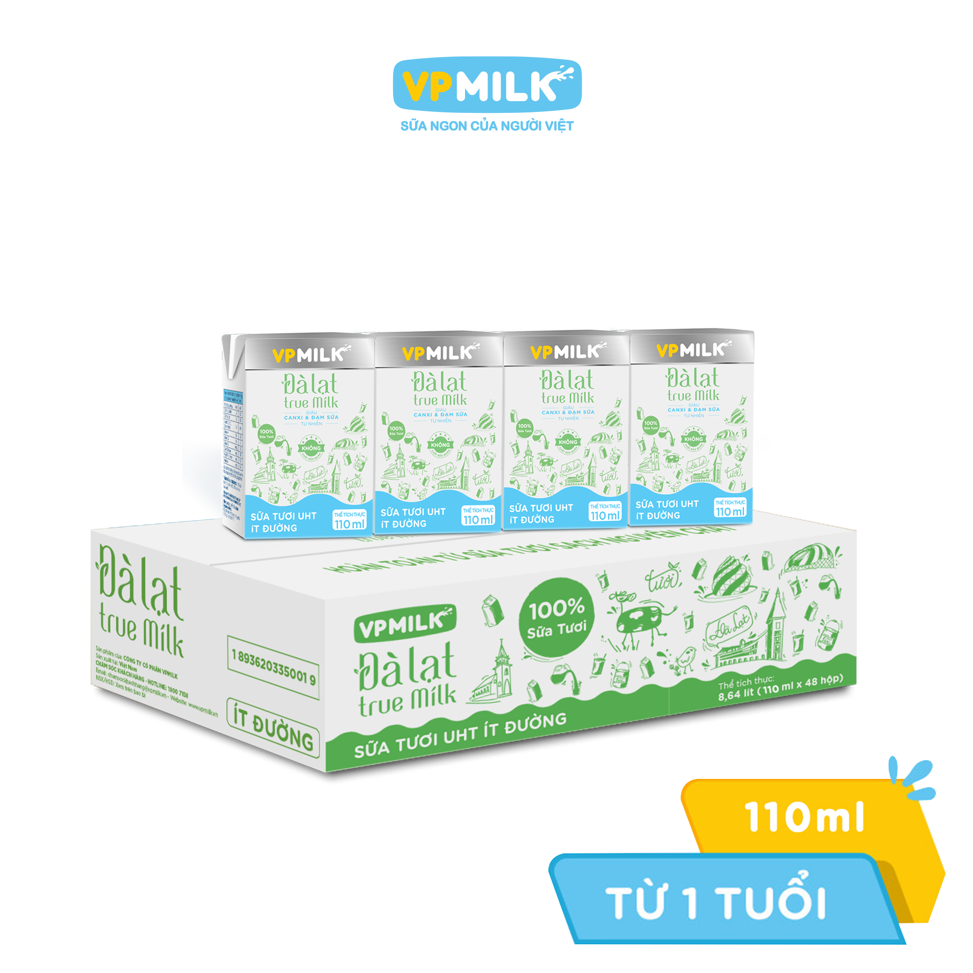 Sữa tươi UHT Đà Lạt True Milk ít đường 110ml (Thùng 48 hộp)
