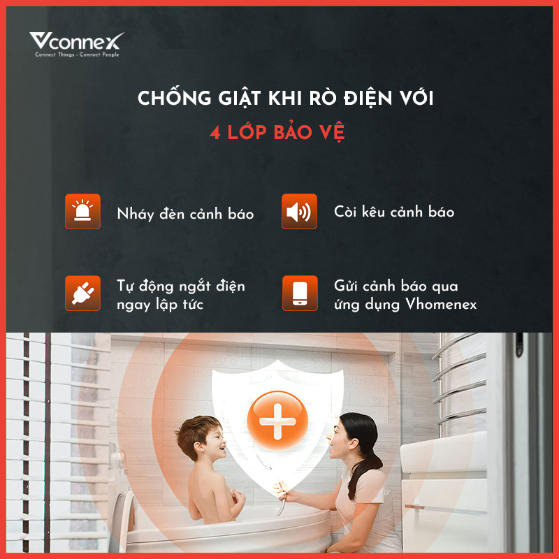 Công Tắc Chống Giật Bình Nóng Lạnh Thông Minh Vconnex Viền Nhôm Màu Đen Sang Trọng