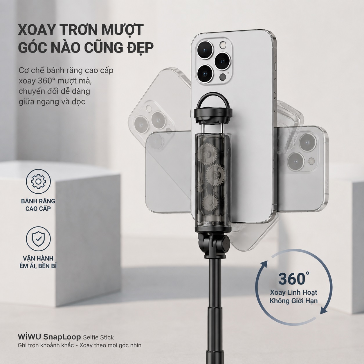 Gậy Chụp Ảnh Selfie Xoay 360 độ chống rung hiệu WIWU WI-SE019 SnapLoop 4in1 Tripod Bluetooth – Bung Tripod 1 Chạm – Kéo Dài 1.6M – Remote Từ Tính - Cho iPhone Samsung Oppo Huawei - Z Fold - Z Flip - Hàng nhập khẩu