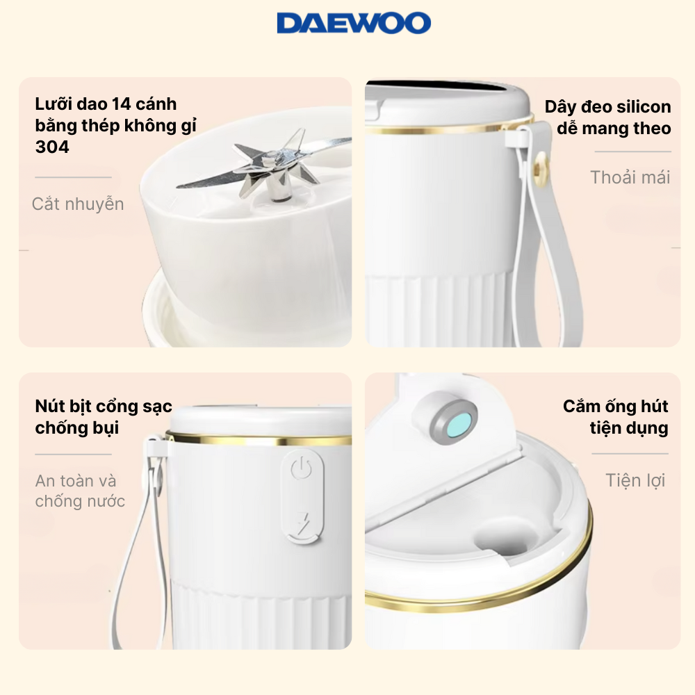 Ly Xay Cầm Tay DAEWOO DWBL-3424 (340ml) Hàng Chính Hãng - Ly Xay Sinh Tố, Trái Cây Mini tiện lợi, mạnh mẽ