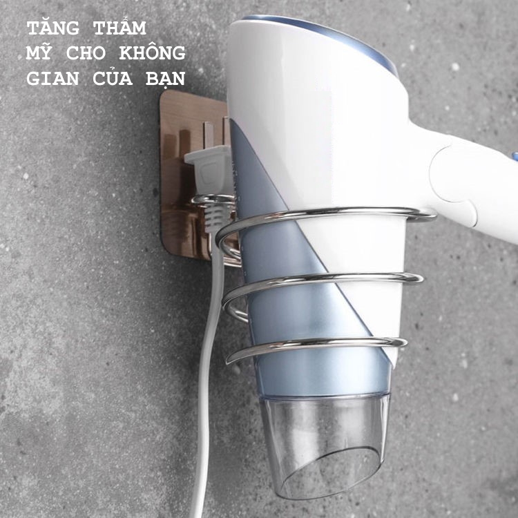 Dụng cụ treo máy sấy tóc bằng Inox, giá treo dạng chôn ốc có miếng gián gắn tường không cần khoan
