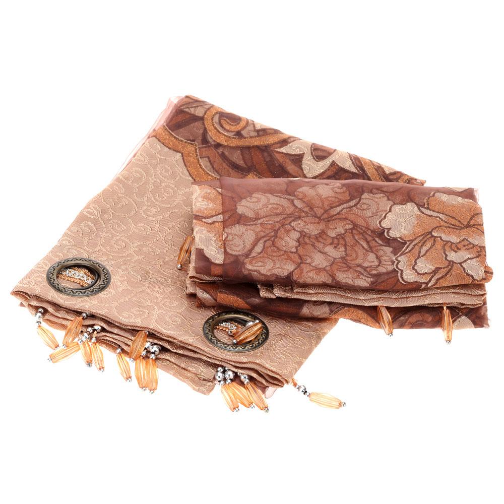 2 tấm Rèm cửa sổ vải voan đính hoa văn bảng to kèm tua rua phía thân dưới kích thước 100 * 250 cm-Màu Cà phê