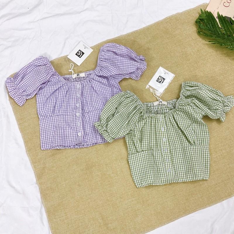 Áo caro croptop tay bồng phong cách Ulzzang Hàn Quốc