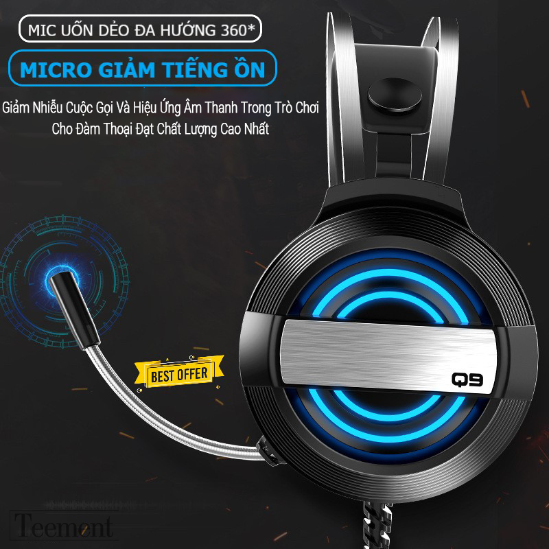 Tai Nghe Chụp Tai Máy Tính Teement TM01 Gaming MC Q9 Có Đèn Led Đổi Màu, Mic Đàm Thoại, Headphone Chơi Game Trên Laptop, Pc - Hàng Chính Hãng