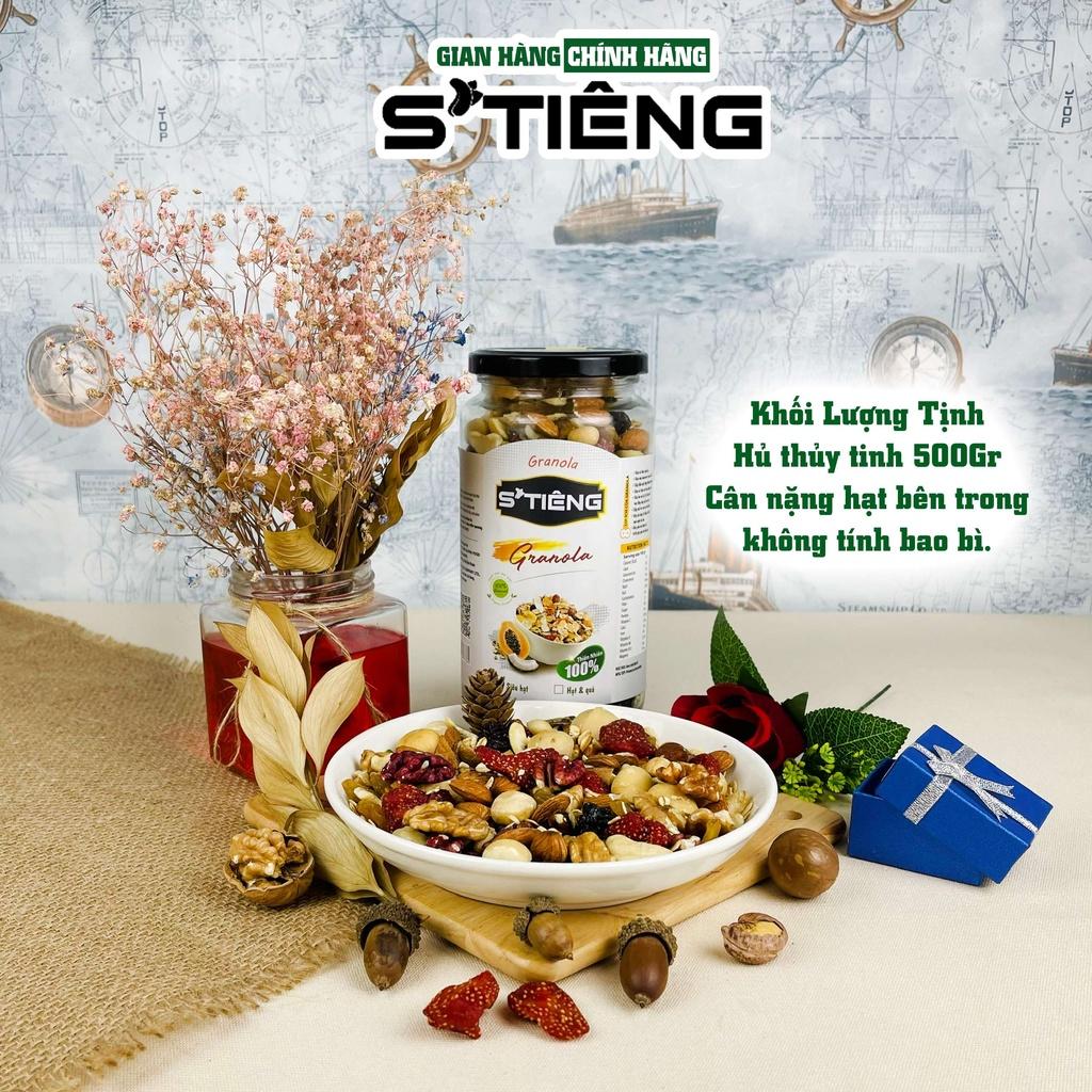 500Gr Granola Siêu Hạt & Quả Sấy STIENG, Hạt Điều, Macca, Hạnh Nhân , Óc Chó, Nho Khô, Hạt Bí Vị Tự Nhiên Hủ Thủy Tinh