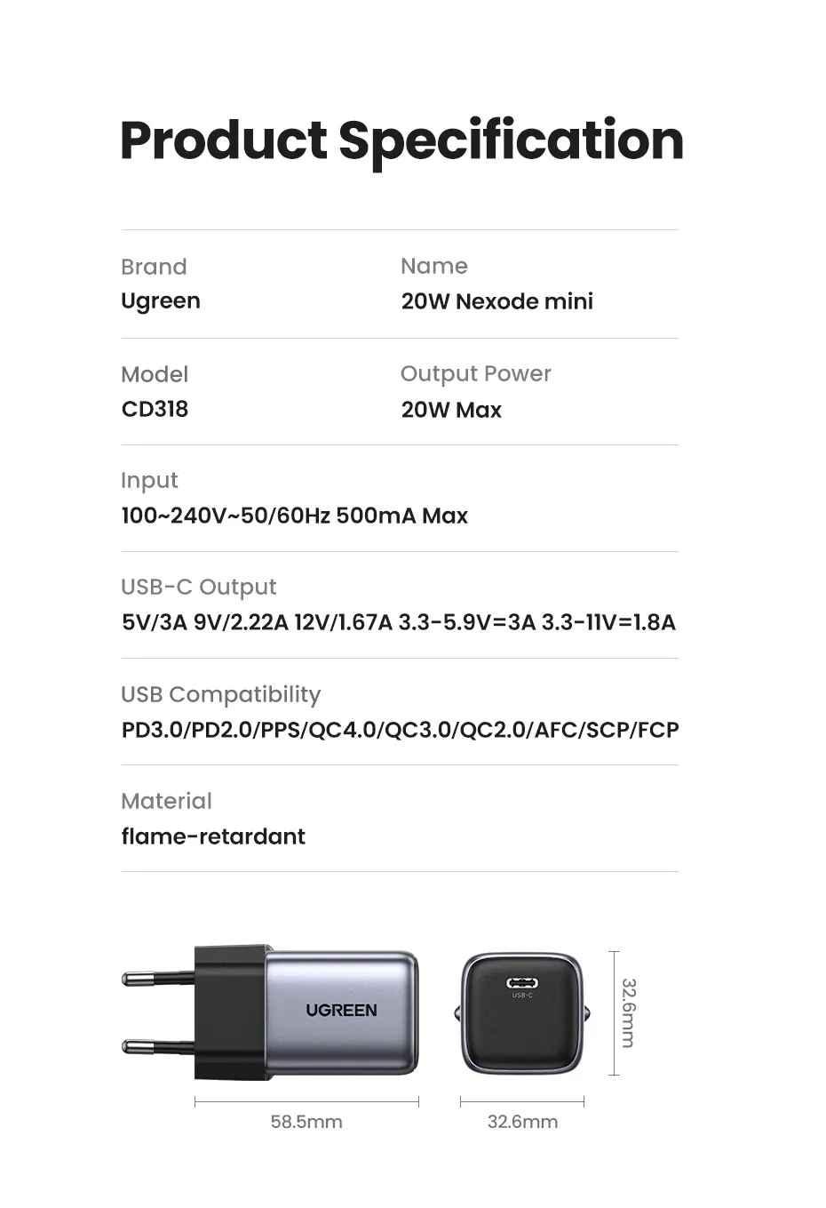 Ugreen UG90902CD318TK 20W Bộ sạc nhanh Nexode GaN USB Type-C PD3.0 qc4.0 Màu Space Gray chuẩn cắm US - HÀNG CHÍNH HÃNG