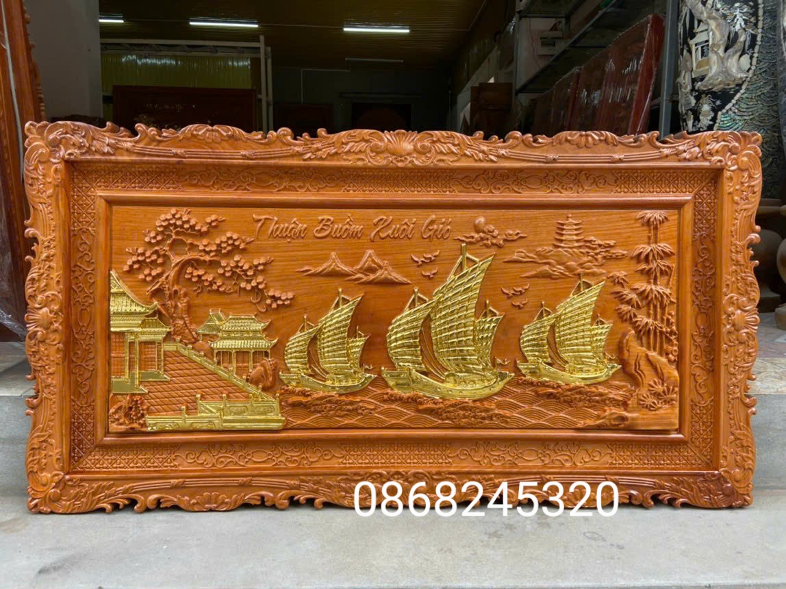 Tranh thuận buồm xuôi gió bằng gỗ gõ pu dát vàng cao cấp kt 67×127×4cm