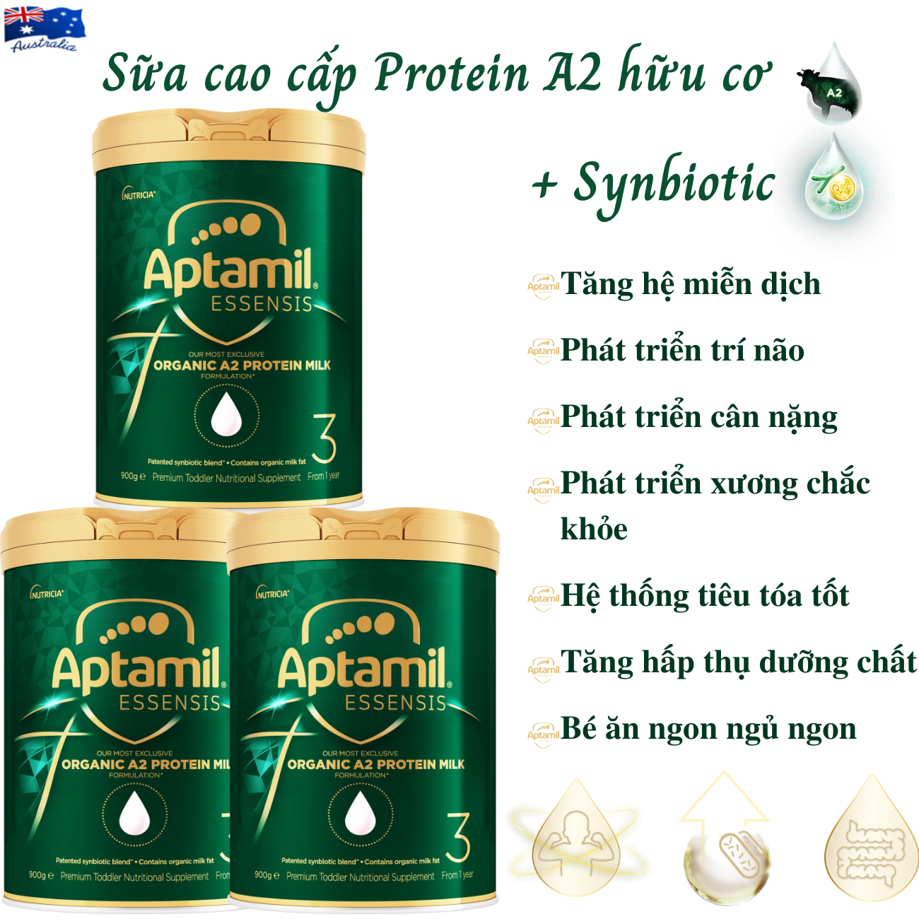 Sữa tăng chiều cao cho trẻ từ 1 tuổi Aptamil Essensis Protein A2 Úc (Số 3)- Công thức Synbiotic độc quyền Giúp tăng cường hệ miễn dịch, hỗ trợ hệ tiêu hóa, Phát triển chiều cao, Cân nặng, trí tuệ và tăng sức đề kháng (900g/hộp)