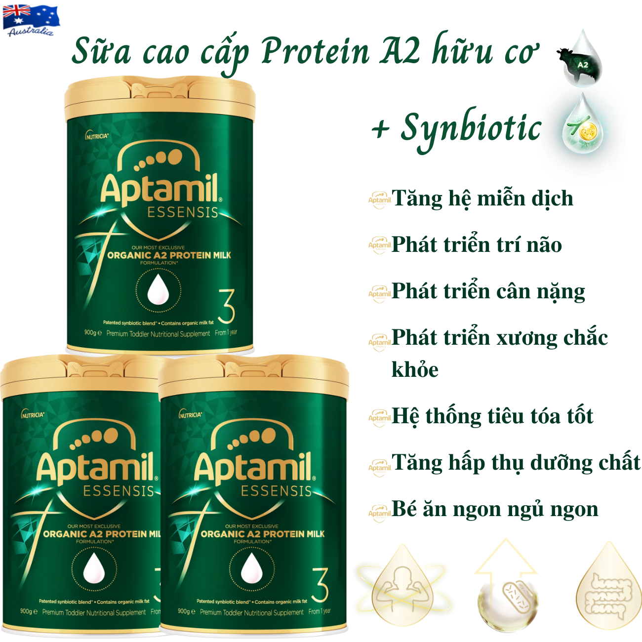 Sữa tăng chiều cao cho trẻ từ 1 tuổi Aptamil Essensis Protein A2 Úc (Số 3)- Công thức Synbiotic độc quyền Giúp tăng cường hệ miễn dịch, hỗ trợ hệ tiêu hóa, Phát triển chiều cao, Cân nặng, trí tuệ và tăng sức đề kháng (900gx3hộp)