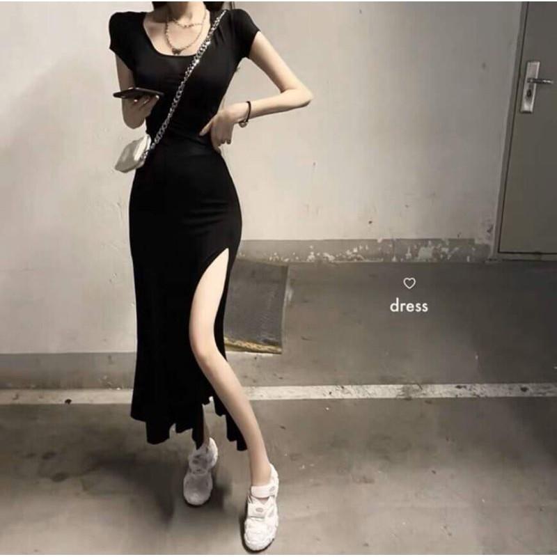 Đầm váy nữ maxi body đen xẻ dài tôn dáng