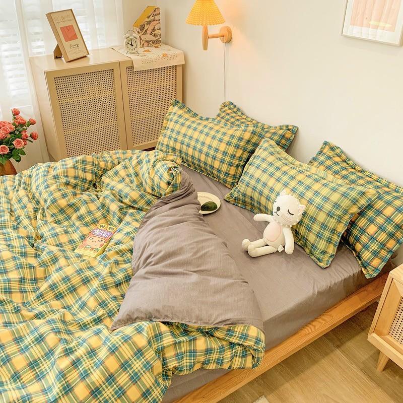 Bộ chăn ga Cotton Poly M2T bedding kẻ xanh vàng, vỏ chăn mền, drap giường và 2 vỏ gối