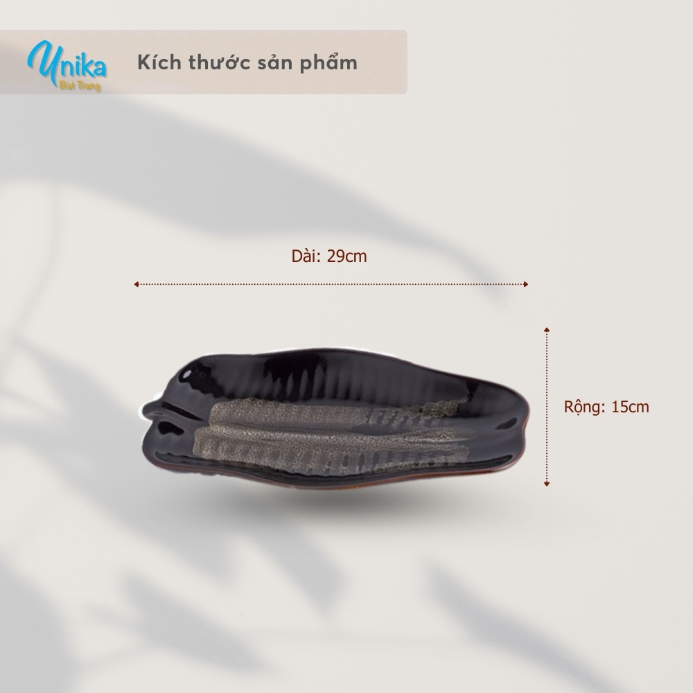 Khay lá chuối men cánh gián D29*R15*C3 - Đĩa hình lá chuối men hỏa biến - Gốm Unika Bát Tràng