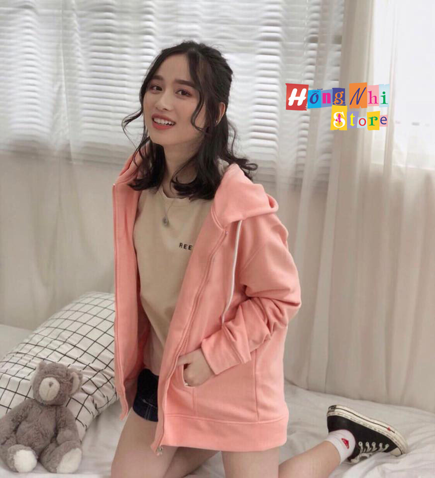 Áo Khoác Hoodie Zip Trơn Oversize Ulzzang Unisex Hoodie Dây Kéo Màu Hồng Dáng Rộng - MM