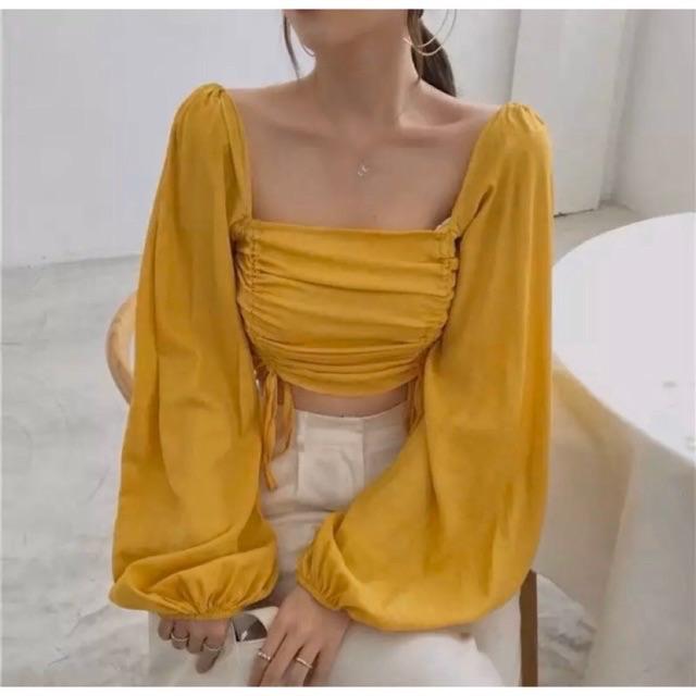 Áo tay dài phồng nhún eo vải kate