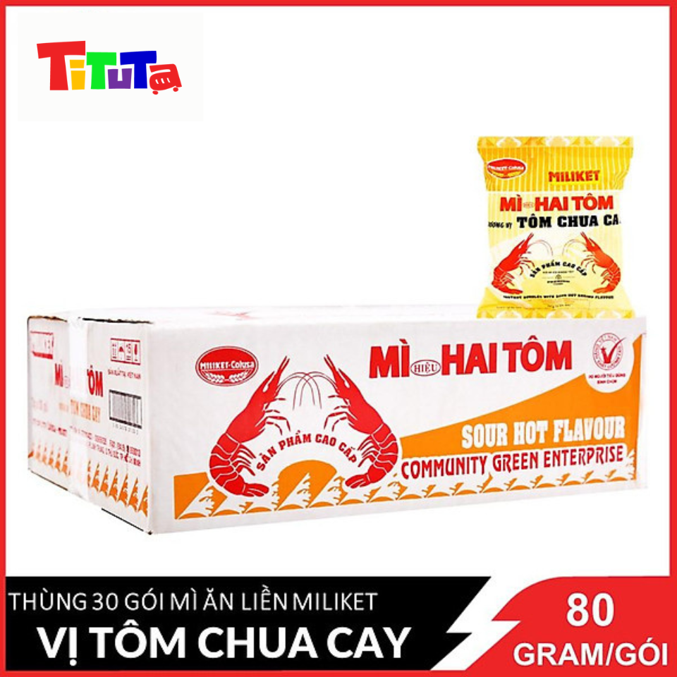 [Nguyên thùng 30 gói] Mì ăn liền Miliket Hai tôm hương vị tôm chua cay 75gX30