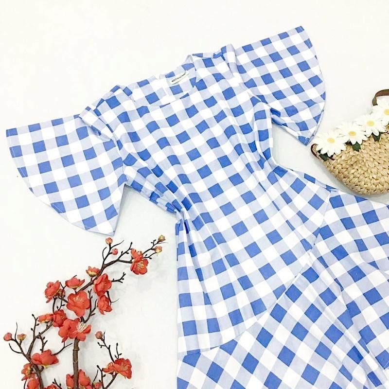 Đầm váy caro xanh tùng bèo