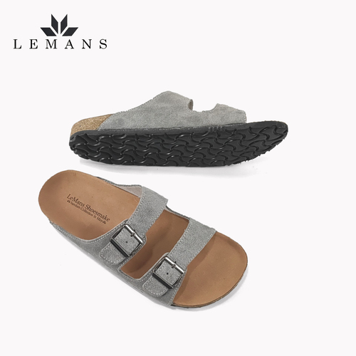 Dép Da Nubuck xám Đế Trấu Quai Ngang LEMANS May Sandals - Grey. Đế 2.5cm Quai điều chỉnh Da bò cao cấp. Bảo hành 6 tháng