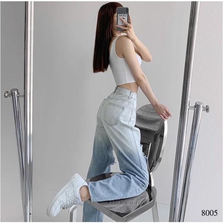 Quần jeans nữ ống rộng wash hai màu