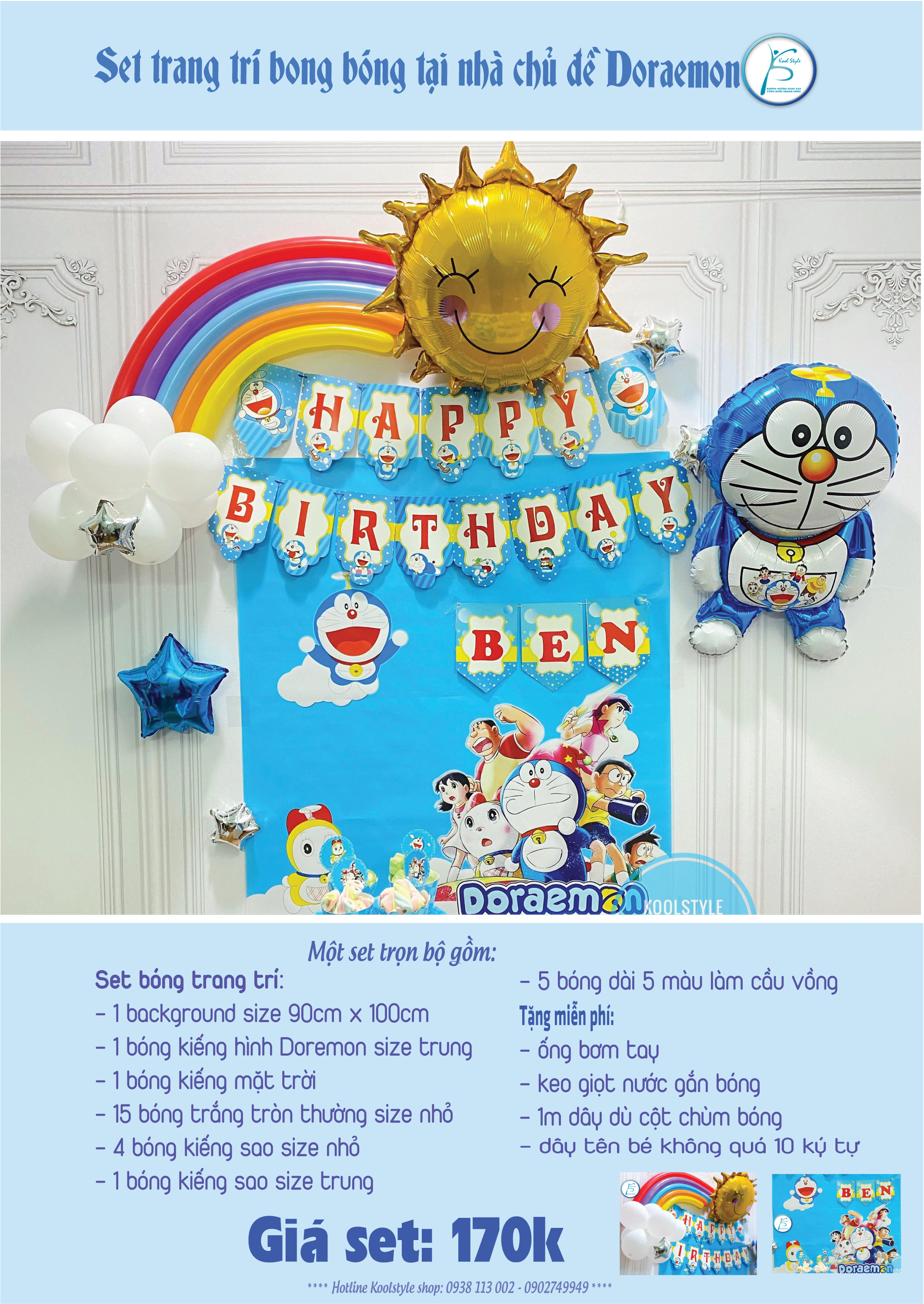 Backdrop phông nền bong bóng sinh nhật Doraemon