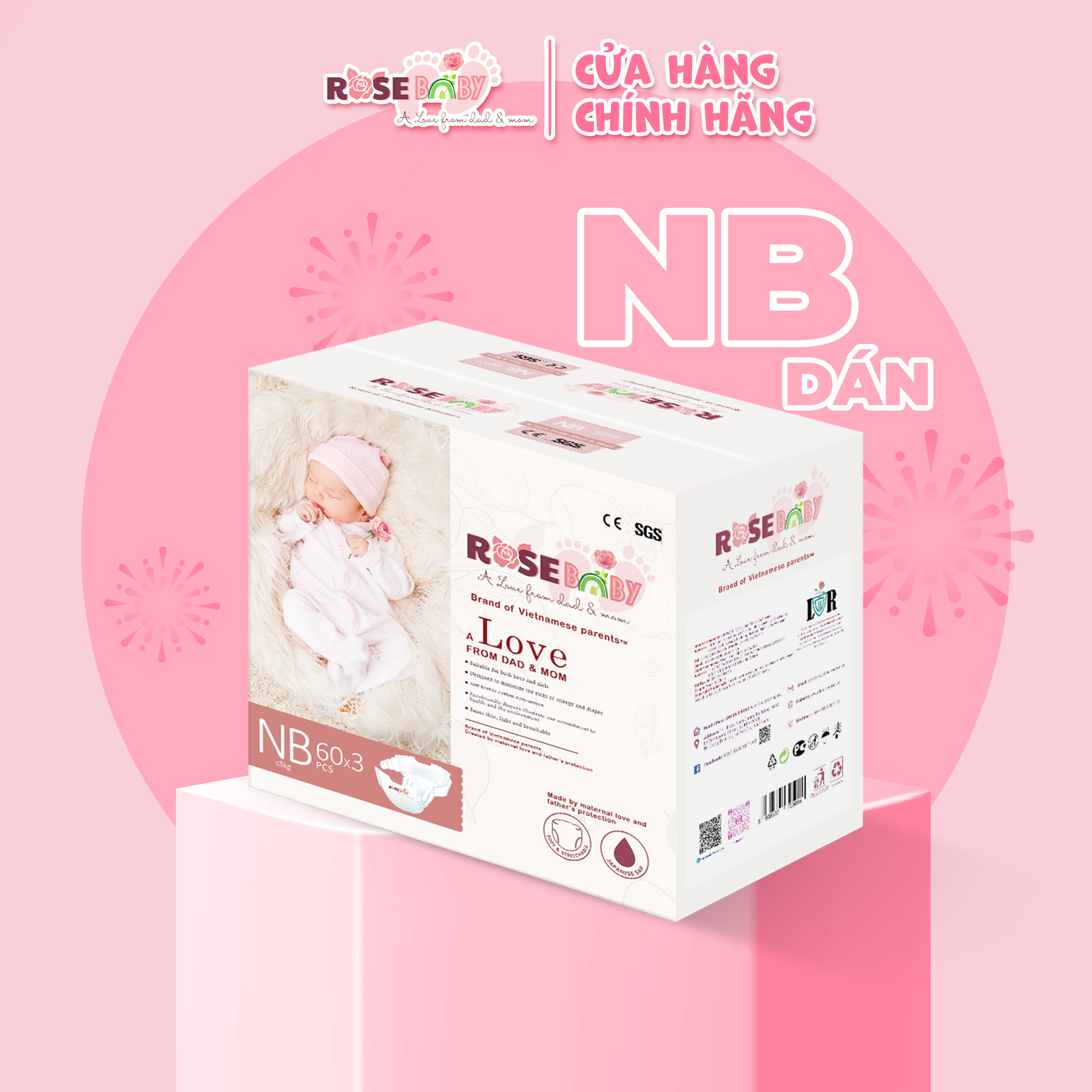 Thùng Bỉm Dán Rose Baby Size NB60 (180 miếng)