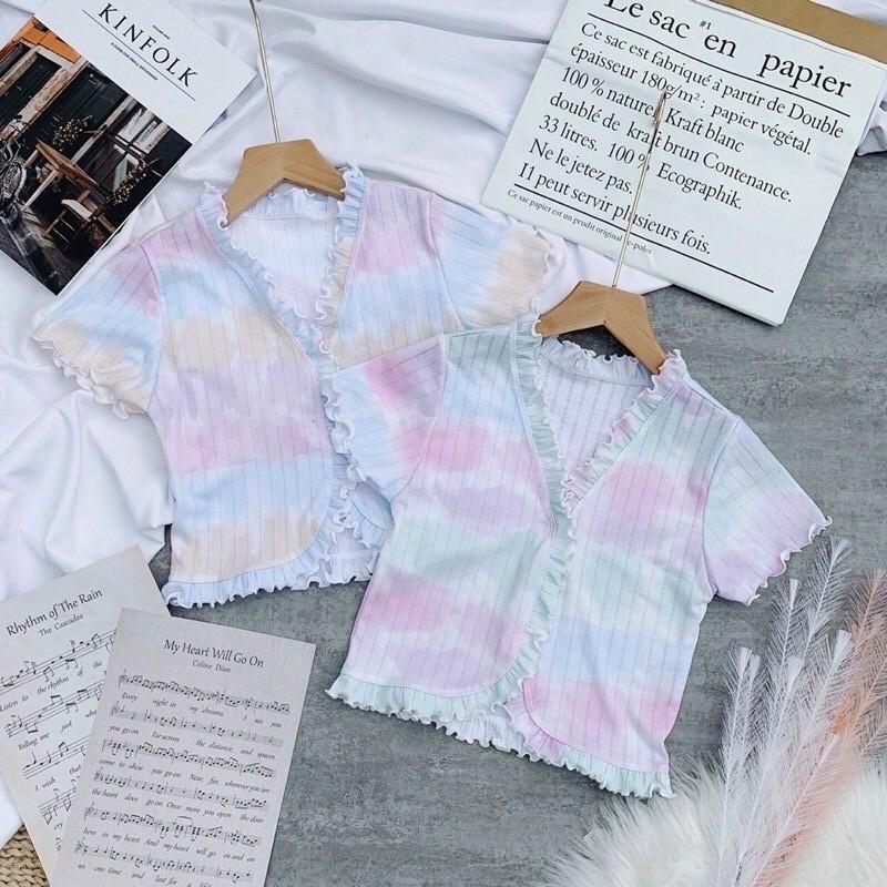 Áo croptop loang màu viền bèo chất thun gân sieu xinh xuất sắc