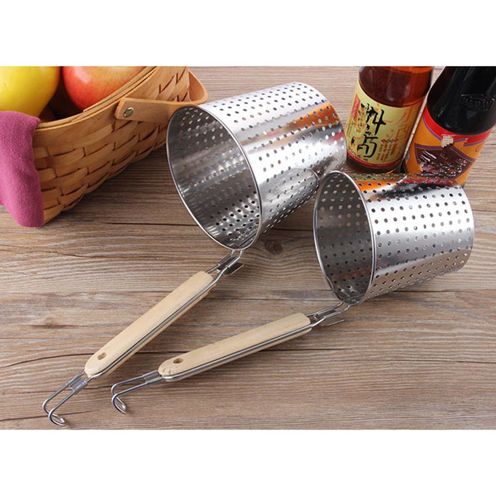 Stainless Steel Pasta Basket Mesh Spider Food Dumpling Noodle Strainer,Fine Mesh Skimmer Kitchen Fine Sieve Mesh Strainer With Wooden Handle