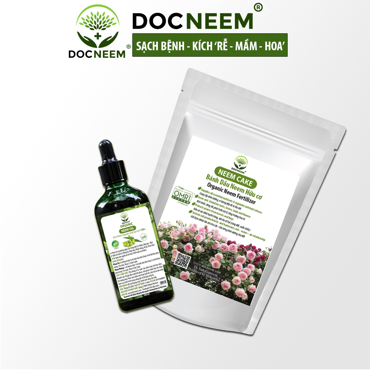 Combo Dầu Neem và Bánh dầu Neem hữu cơ DOCNEEM trị sâu bệnh, sùng đất cuốn chiếu, kích rễ hoa hồng chai 100ml và túi 1kg