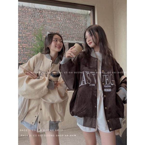 Áo khoác bóng chày bomber kaki nhung gân 2 lớp thêu chữ form rộng unisex ulzzang nam nữ