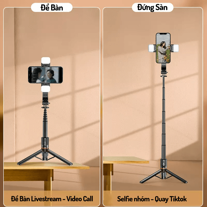 Gậy chụp ảnh 3 chân có đèn, có điều khiển từ xa, selfie tự sướng 110cm HighTechGate LONG 12 phiên bản nhỏ gọn, du lịch cầm tay, Hàng Chính Hãng