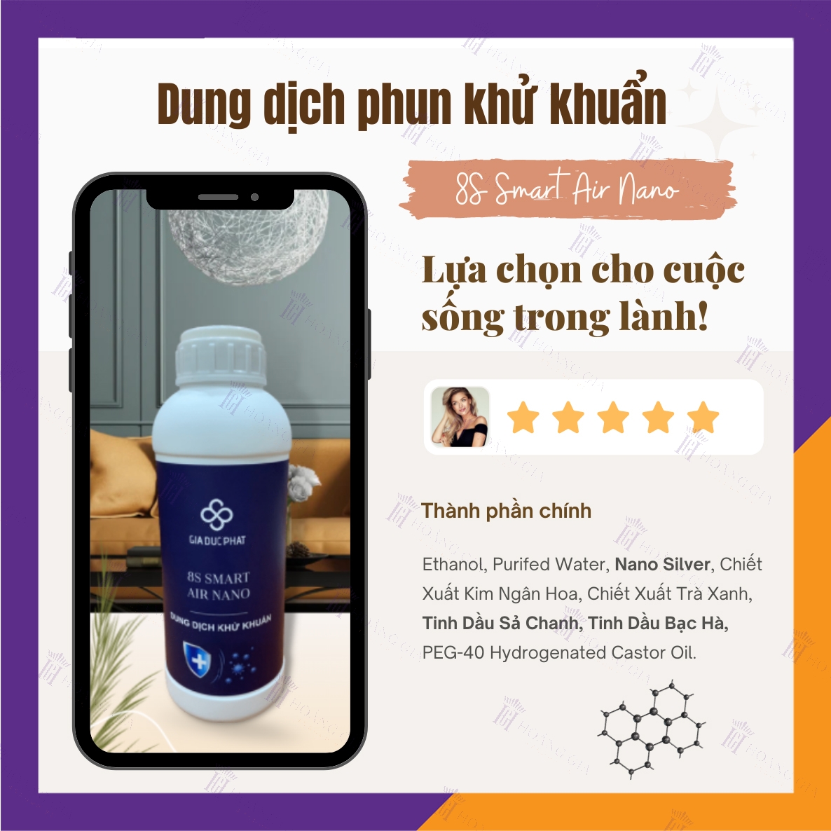 Dung Dịch Khử Khuẩn Nano Bạc - Hoàng Gia 8S SMART AIR NANO - Hàng Cao Cấp - Dùng Cho Máy Phun Sương Khử Khuẩn Văn Phòng, Hộ Gia đình, Xe ô tô - Công Nghệ Nano Bạc Giúp Diệt 99.99% Vi Khuẩn, Hương SẢ CHANH thơm mát