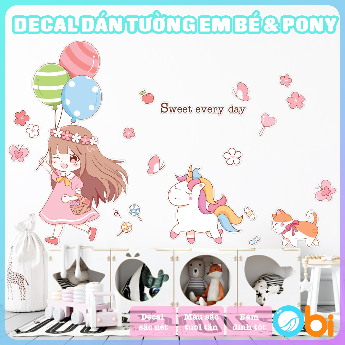Decal dán tường cho bé - Decal Em bé và ngựa Pony