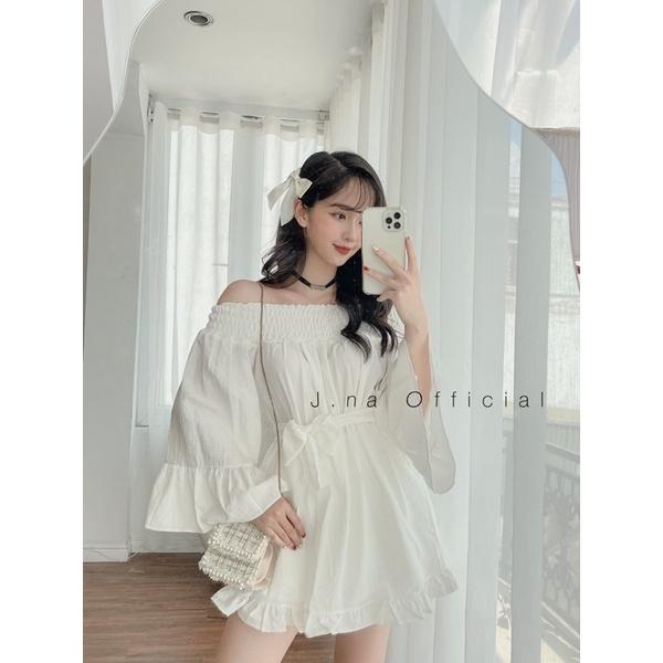Áo váy trễ vai nơ eo ngực Đầm trễ vai Jna Official