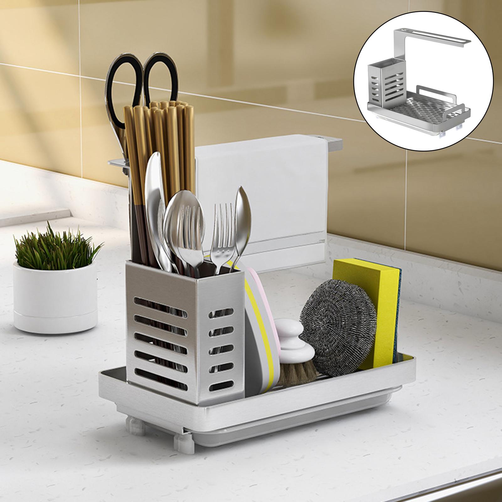 Kitchen Sink Caddy Organizer, Sponge Holder for Sink Soap Brush Dispenser Holder with Rag Rack with Drain Tray Countertop Wall Mount Stainless Steel