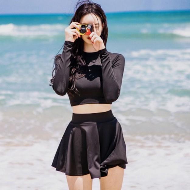 CÓ SIZE Đồ bơi bikini tay dài croptop đen trơn, quần short hoặc