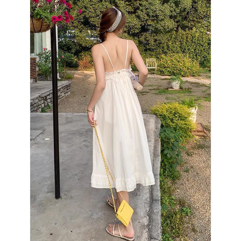 ĐẦM TRẮNG LỤA DỰ TIỆC ĐI BIỂN 2 DÂY BÈO REN TRẮNG DÁNG XÒE KÈM MÚT NGỰC