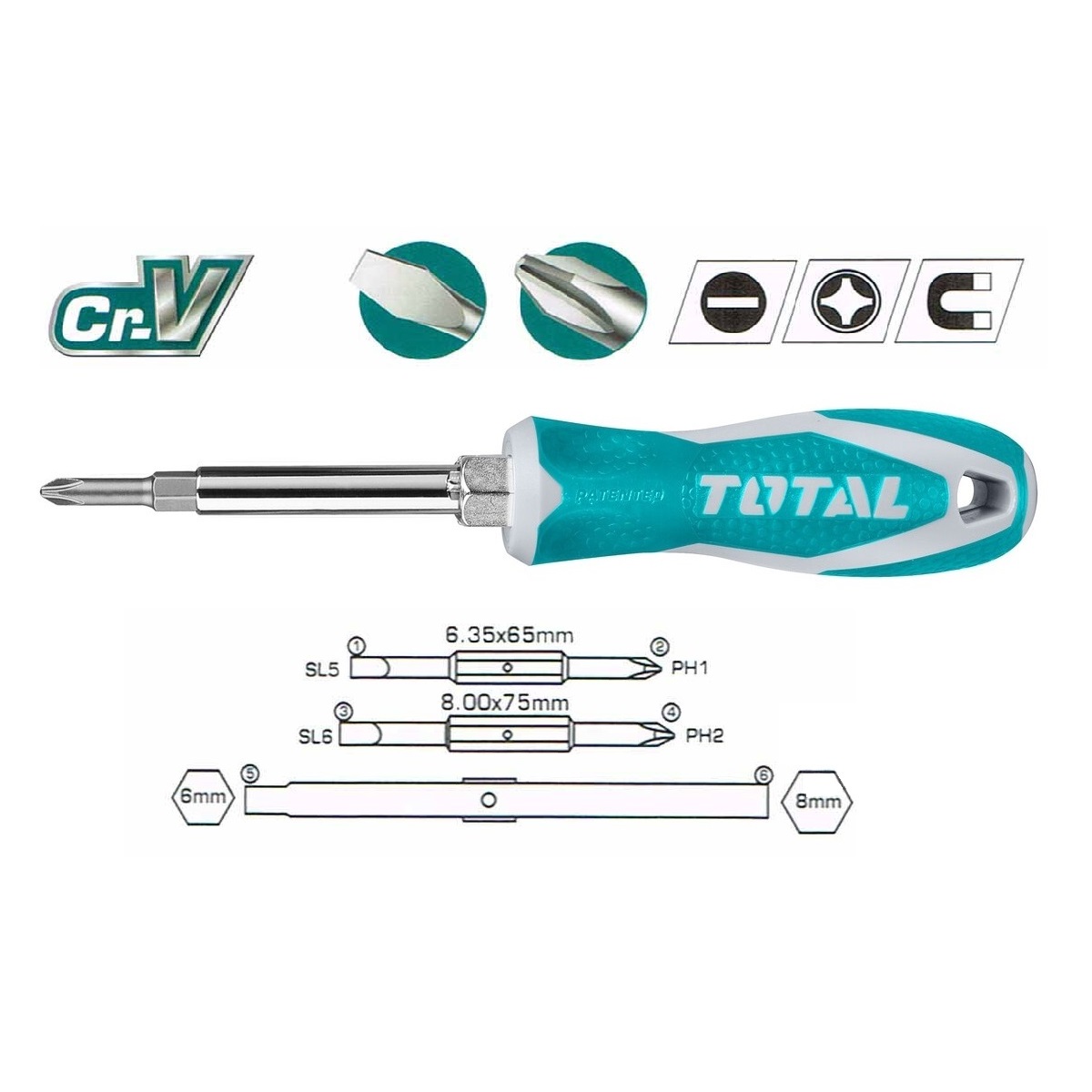 Bộ tua vít 6 đầu trong 1 đa năng TOTAL THT2506076 - Nhỏ gọn, thép chuyên dụng CR-V, tay cầm nhựa nhám chắc chắn