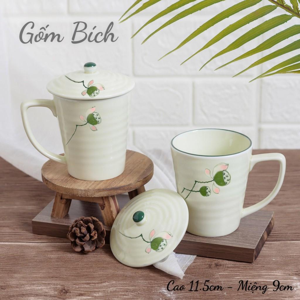 Cốc Sứ Uống Nước Kèm Nắp Đậy Men Kem Vẽ Hoa - Gốm Sứ Bát Tràng