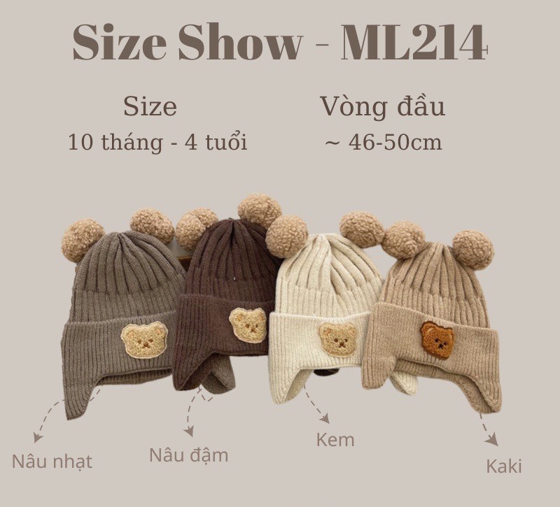 Mũ len gấu Ms23 có 2 quả bông cực ấm cho bé từ 6m -30m