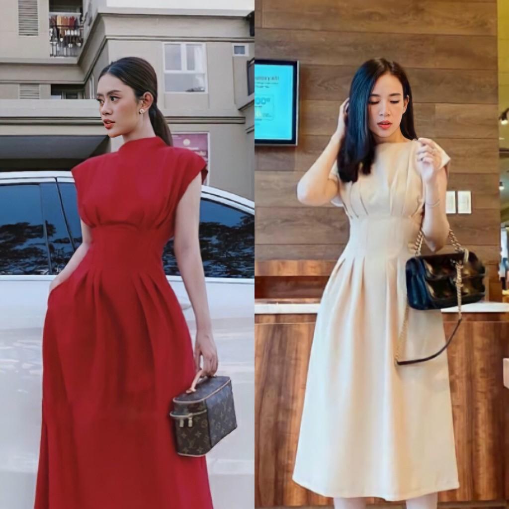 VÁY NỮ MIDI XÒE – ĐẦM ĐI TIỆC NUDE ĐỎ ÔM EO – GD092