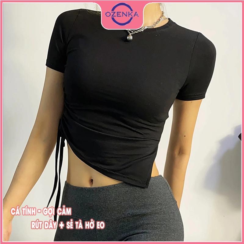 Áo croptop tay ngắn rút dây sẻ gấu cổ tròn OZENKA , crt ôm body chất liệu len gân cao cấp màu đen trắng