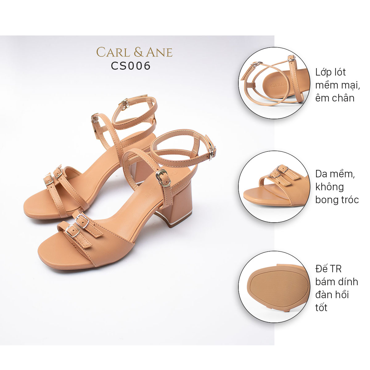 Giày sandal Erosska thời trang nữ quai ngang phối dây mảnh đính móc khóa tinh tế cao 6cm CS006