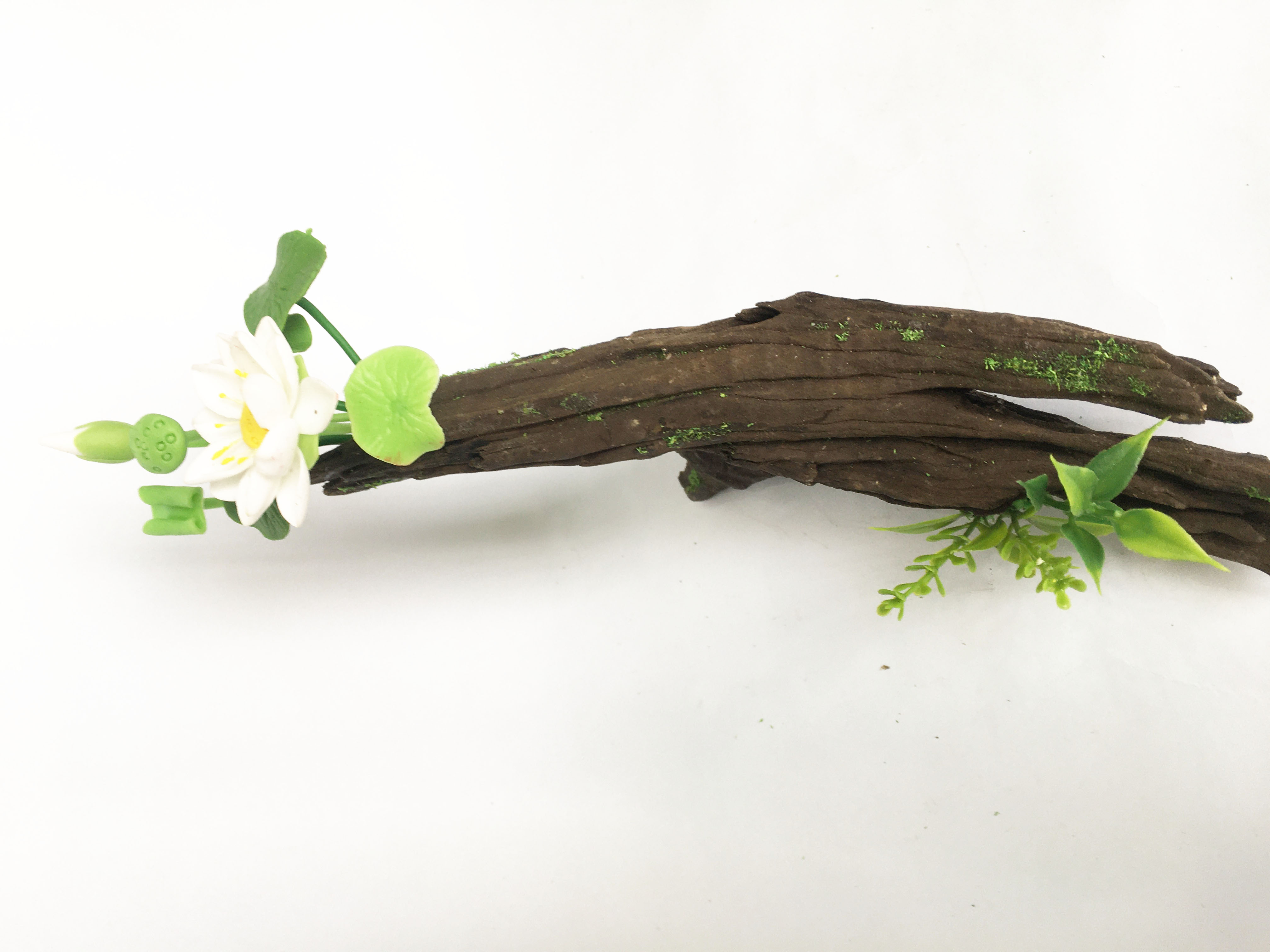 Lũa gỗ hình dáng tự nhiên kết hợp Hoa sen đất sét mini  - Quà tặng trang trí handmade