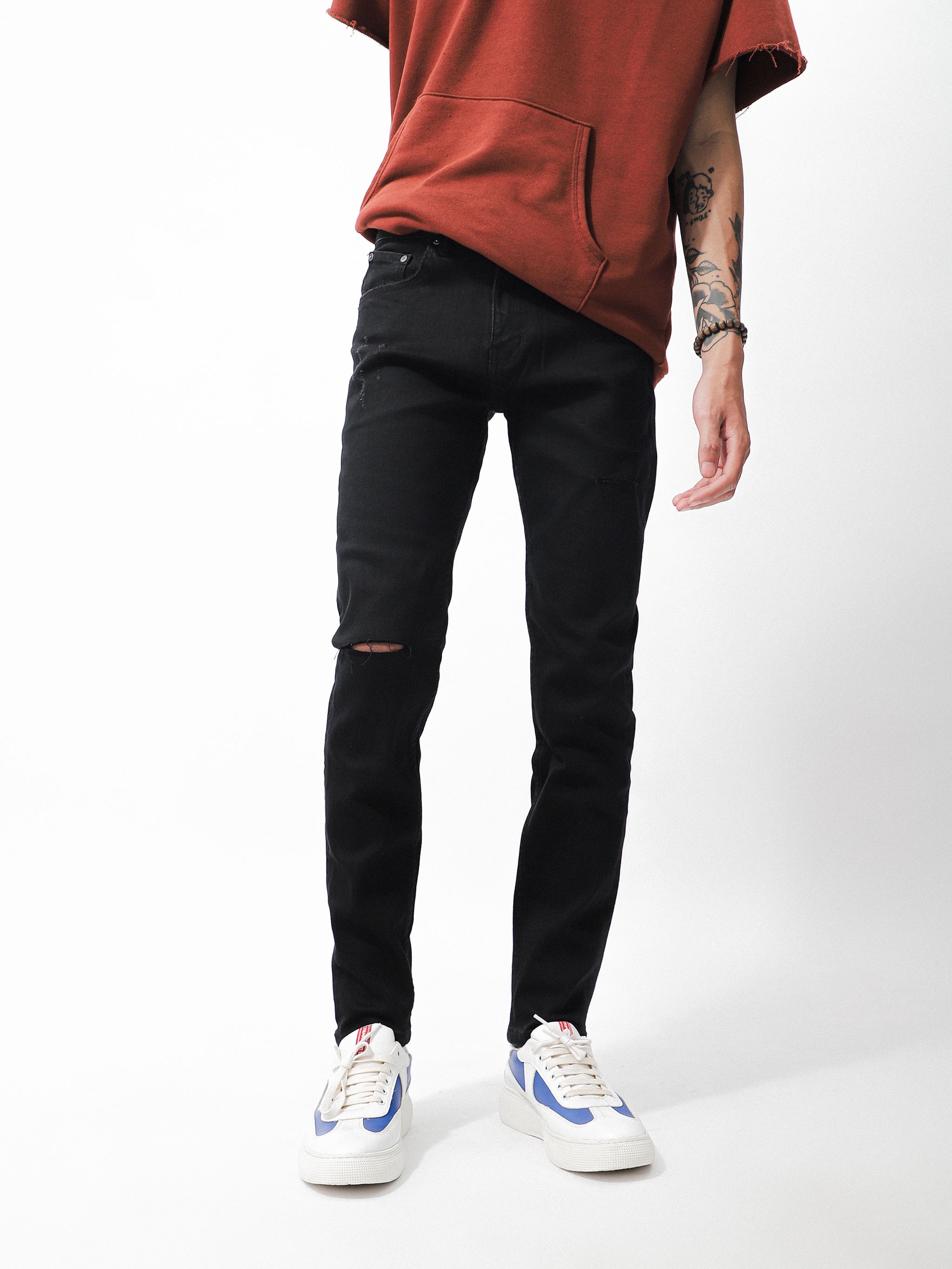 Quần jean đen wash cào rách gối DF form slimfit - Quần jeans nam cao cấp 220631 | LASTORE MENSWEAR