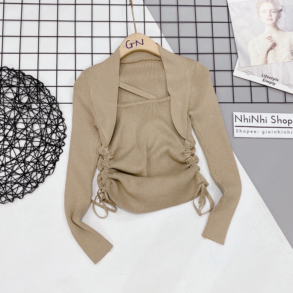 Áo len tăm cổ vuông dây chéo rút dây 2 bên, Áo kiểu dài tay dáng ôm AL1830 - NhiNhi Shop