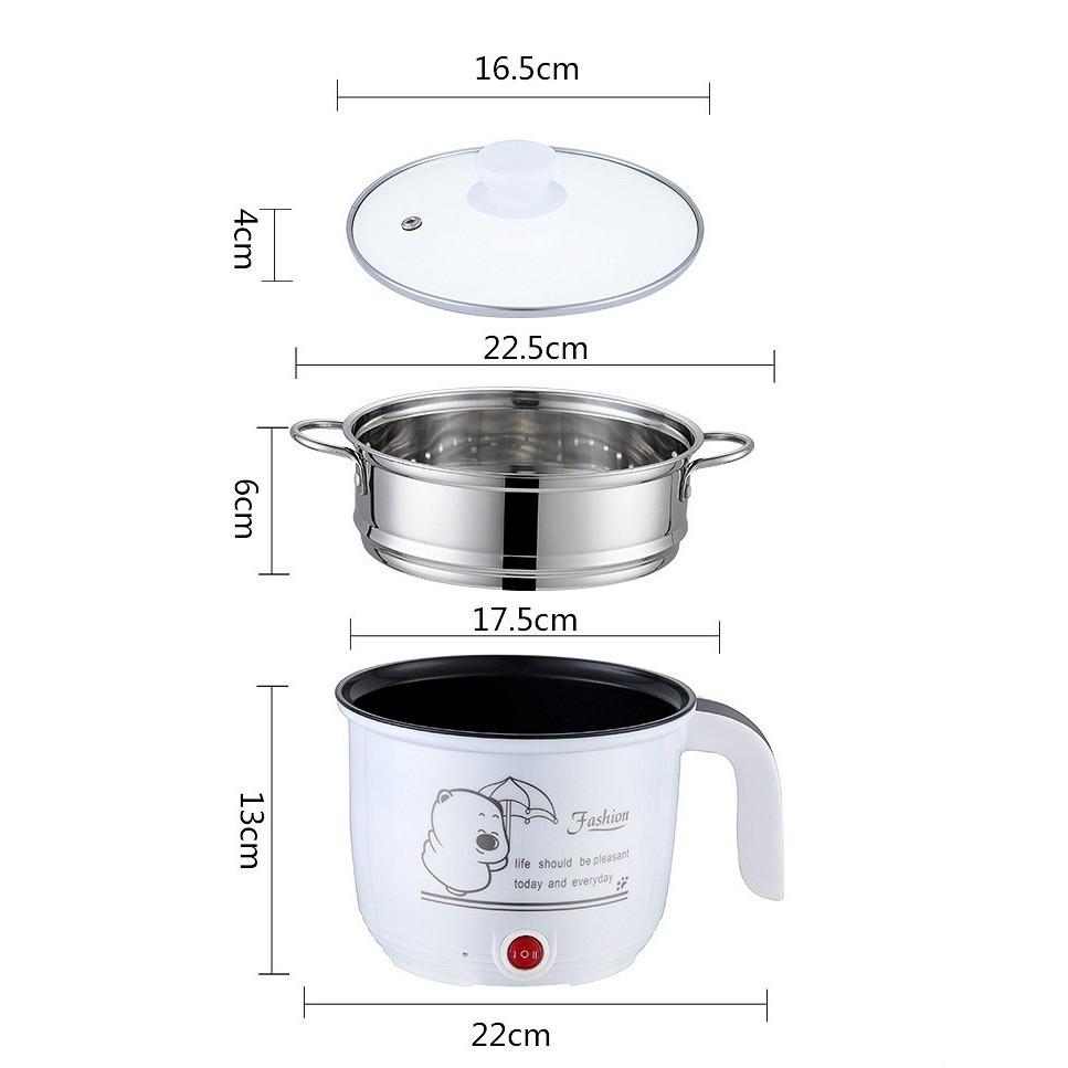 Nồi lẩu điện mini 1,8L có kèm vỉ hấp inox nắp thủy tinh - Ca nấu mì nấu cơm hấp trứng đa năng